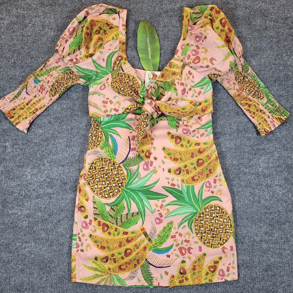 Farm Rio Dress NWT Flaw pink mixed fruits mini smocked tropical linen blend XS
